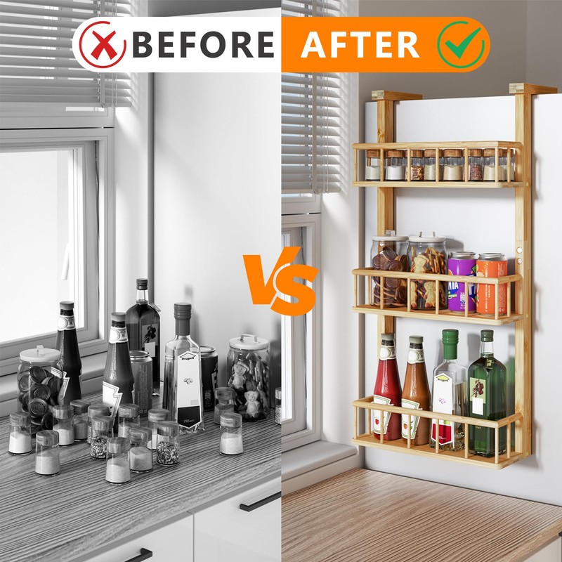 Hanging Spice Rack for Refrigerator - 3 Tier Bamboo Kitchen