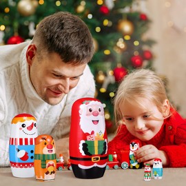 AOKWAWALIY Pack of 6 Wooden Christmas Matryoshka Dolls, Russian Nesting Dolls, Handmade Stacking Doll, Christmas Toy with Cute Cartoon Pattern for Christmas Decoration