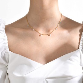 Rockyu Women's Necklace, Color, Fine Necklace, Stainless Steel, Hypoallergenic, Granular Zirconia Pendant, Glitter, Round, Chain, 18.5 inches (47 cm), Valentine's Day, Stainless Steel, Cubic Zirconia