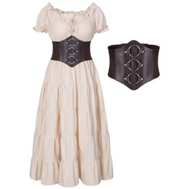 Elegant Renaissance Medieval Costume Pirate Cosplay Dress Corset Waist Belt Set(Beige XL)