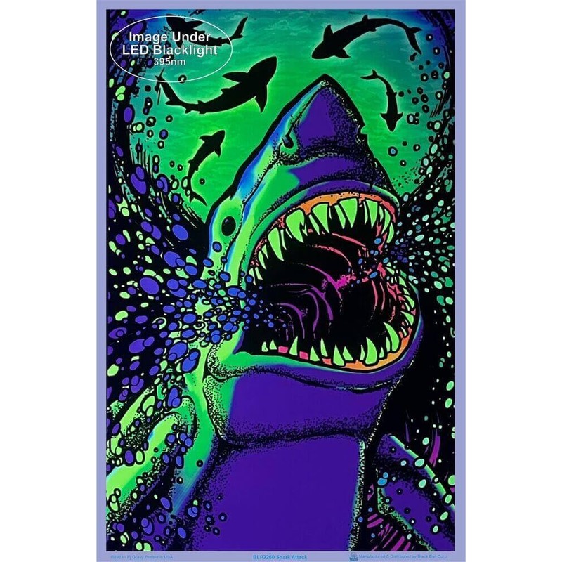 Shark Attack - Flocked - Blacklight Poster - 23" x