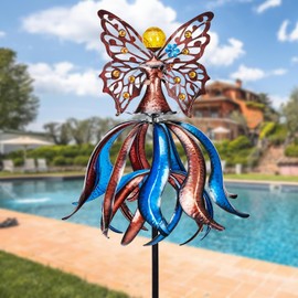 Kircust Solar Wind Spinner, Extra-Large Tulip Garden Windmill Spinners with LED Lighting Solar Powered Glass Ball, Kinetic Metal Sculpture for Outdoor Yard Lawn Patio Decorations