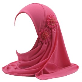 Modest Beauty Girls Muslim Hijab Arab Scarf Islamic Flowers Headscarf for Kids, Rose Red-2 Flowers, age 2-6