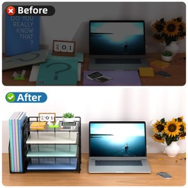 Marbrasse Desk Organizer and Accessories，4-Tier Paper Letter Tray Organizer with File Holder，Desk Accessories & Workspace Desktop Organizers for School Home Office Supplies (Black)