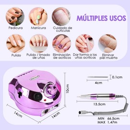 SlowTon Torno Eléctrico para Uñas, 35000 RPM Taladros para Uñas de Lima Eléctrico 14 en 1, Lima de Uñas Velocidad Ajustable con 11 Brocas y 56 Bandas de Lijado, Herramienta De Manicura (Morado)