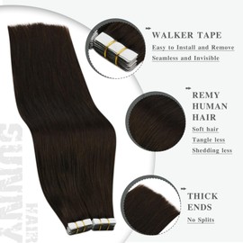 Ve Sunny Tape in Real Human Hair Extensions Invisible Hair Extensions Remy Tape in Extensions for Women Darkest Brown 18 inch 10Pcs 25G