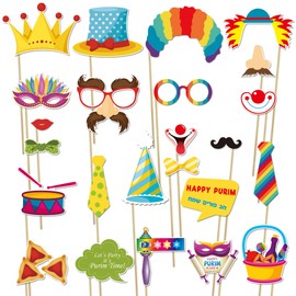 FSHANEE Happy Purim Photo Booth Props Set - 24 Counts, Cardboard & Paper, Purim Party Photo Booth Props Kit