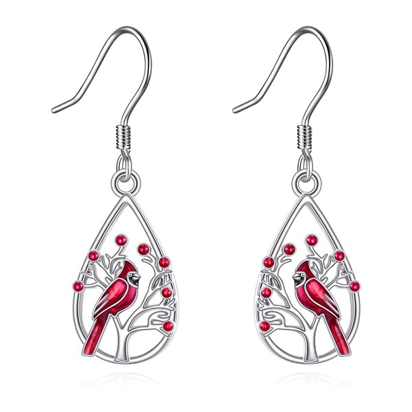 Cardinal Earrings for Women Sterling Silver Red Bird Dangle Earrings