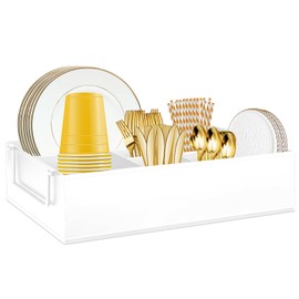 NelyBet Paper Plate Dispenser Holders Utensil Caddy for Countertop,Outdoor Silverware Caddy, Picnic and Camping Utensil Holder, Flatware Organize with Handle for Party Gatherings, Metal (White)