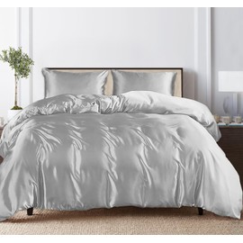 Linenwalas Tencel Lyocell Duvet Cover Set with Deep Pocket Fitted Sheet, Viscose Made from Eucalyptus Soft, Lightweight and Breathable Complete Bedding Set (Silver, California King)