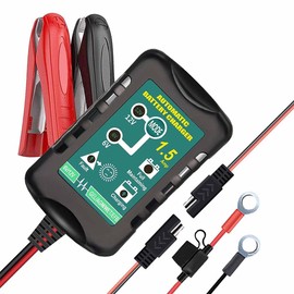 12V Battery Charger 1.5-Amp Automatic Smart Battery Maintainer, Trickle Charger, with Alligator Clamp and Ring Terminal