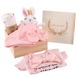 Baby Girl Gift, Newborn Gift, Rodelna Baby Gift Set, 7-in-1 Set: Including Romper, Blanket, Safety Blanket, Baby Hat, Baby Gloves, Bow, Souvenir Box