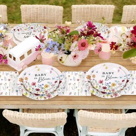 Heboland 100 Pieces Baby in Bloom Baby Shower Decorations Dinnerware Set for 25 Guests, Wildflower Baby in Bloom Paper Plates Napkins Forks for Girls