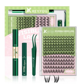 KEYYOU Pixie Lash Clusters Kit Fairy Lash Extension Kit D Curl 144Pcs Eyelash Extension Kit Wispy Natural Invisible Band Lash Kit with Waterproof DIY Lash Extension Kit at Home(Pixie-D-8-18MIX)