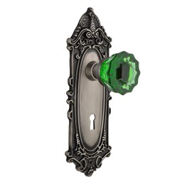 Nostalgic Warehouse 723050 Victorian Plate with Keyhole Single Dummy Crystal Emerald Glass Door Knob in Antique Pewter