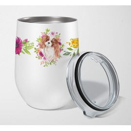 Caroline's Treasures CK4248TBL12 Blenheim Cavalier Spaniel Pink Flowers Stainless Steel 12 oz Stemless Wine Glass Insulated Wine Tumbler with Lid, Cute Travel Cup for Coffee, Cocktails, Gift Women, Mo