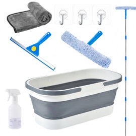 Window Cleaning Kit with Collapsible Bucket,Window Washing Kit with 6.56Ft Extension Pole,Scrubber,Professional Window Washing Kit Cleaner Tool for Home Outdoor Office Commercial Use