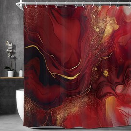 Homewelle Burgundy Red Marble Shower Curtain Abstract Modern Ombre Luxury Vintage Golden Cracked Lines Veins Texture Liquid Elegant 72Wx72H Inch Aesthetic Waterproof Polyester Fabric Bathroom Bathtub