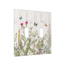 Wildflower Flower Light Switch Plate Covers 3 Gang Double Toggle Decorative Green Leaves Plant Electrical Faceplate Vintage for Girls Bedroom Bathroom Farmhouse Accessories Decor