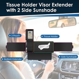 PJLJY Sun Visor Extender for Car with Tissue Holder, Adjustable Window Sunshade Car Visor Extender Sun Blocker with Napkin Holder, Anti-Glare and UV Rays Visor Extender Attachment for Visor