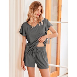 Ekouaer Ladies Pajama Sets Flowers Printed Soft Loungewear Cute Ruffle Sleeve Comfy Sleepwear,Small,Deep Gray