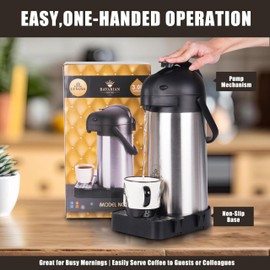 Airpot Coffee Dispenser 102 Oz (3L) with Pump, Drip Tray and Cleaning Brush, Stainless Steel Insulated Thermos - 24 Hour Heat Retention - 36 Hour Cold Retention