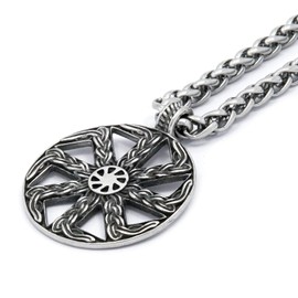 BAVIPOWER Viking Sun Wheel Shield Pendant Stainless Steel Keel Chain Norse Necklace for Men Women Nordic Pagan Jewelry Strong Protection (Kolovrat Shield, 20)