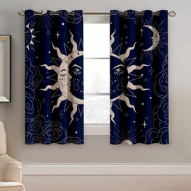 kxry Sun and Moon Blackout Curtains for Bedroom Living Room Navy Blue Boho Celestial Darkening Grommet Curtain 84 Inches Long Window Drapes Treatment Room Decor,2 Panels Set, 42''W x 84''L