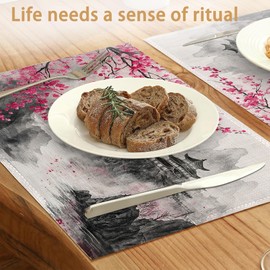 Japanese Hills Placemats Set of 6,Cherry Blossom Waterproof Non-Slip Washable Table Mats for Kitchen Dining Holiday Party Wedding Decor 12x18 Inch