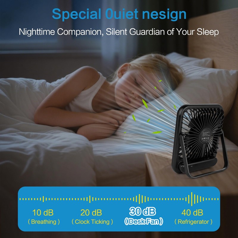 100-Speed Ultra-Quiet Desk Fan for Sleeping, 6.8" Rechargeable Portable Fan