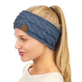 C.C Soft Stretch Winter Warm Cable Knit Fuzzy Lined Ear Warmer Headband, Dark Denim