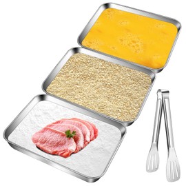 Aemygo Set of 3 Breading Pans, Stainless Steel Breading Tray Set with Tong, Versatile Dredging Trays Food Prep Trays for Marinating Meat, Chicken, Fish, Oven Safe