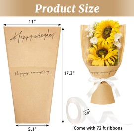 Mauproy 50 Pack Flower Bags for Bouquets, 11 x 17.3 Inches Kraft Paper Flower Sleeves Clear Front Floral Wraps with Ribbons for Florist Packaging Supplies Valentine’s Day
