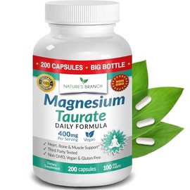 Natures Branch- Taurato de Magnesio 400mg 200 Cápsulas Alta Absorción para el Sueño, Salud del Corazón, Calma, Suplemento Articular                   
