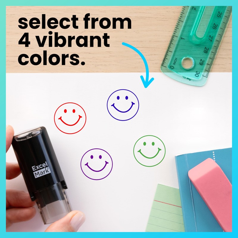 ExcelMark Smiley FACE - Self-Inking Round Teacher Stamp - Purple