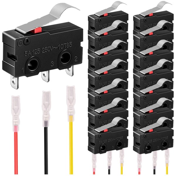 MKBKLLJY 15pcs Mini Micro Limit Switch 5A 125 250V AC SPDT 1NO 1NC Momentary 20mm/0.79" Long Straight Hinge Lever Arm Switch Snap Action Button Type 3 Pin SPDT with 45 Terminal Wires