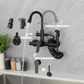 CHOMLEY 304 Wall Mount Faucet with Sprayer 8 Inch Kitchen Faucet 360° Rotation Foldable Sink Water Taps with Spray Gun and 2 Water Jet, Matte Black Faucet for Kitchen RV Camper Marine Boat Bar