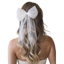 Arocooy Short Wedding Veils White Pearl Bow Veil Tulle Bridal Hair Accessories Bride to Be Veil for Bachelorette Party Decorations