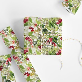 JarThenaAMCS Christmas Wrapping Paper -Mini Roll- 17 Inch x 32.8Ft Red Berries wit Green Leaves Gift Wrap Paper Xmas Art Paper for Wedding Birthday DIY Crafts