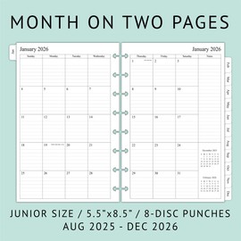 newestor 2025-2026 Monthly Planner Refill for 8-Discbound Notebook, Two Pages Per Month, Aug 2025 to Dec 2026, Junior Size 5-1/2"x8-1/2"