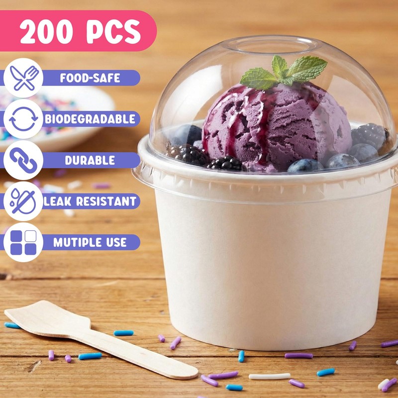 200 Pack Ice Cream Cups with Dome Lids No Hole
