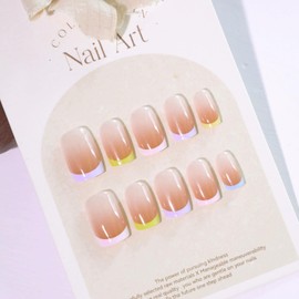 French Tip False Nails - Short Square false nails - Colorful French press on nails - blue yellow green pink purple fake nails with Glue - Acrylic Full Cover stick on nails for Women Girls Daily Wear