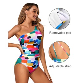 Holipick One Shoulder One Piece Swimsuit for Women Tummy Control Bathing Suits Modest Full Coverage Keyhole Swimwear Color Block