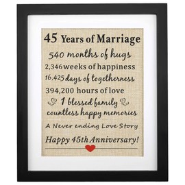 Corfara Framed 45 Years of Marriage Burlap Print 11" W X 13" H, 45th Wedding Anniversary Sign, 45th Anniversary Present for Parents, 45 Years Anniversary Couples Gift, Months, Weeks, Days, Hours