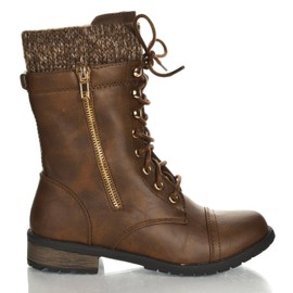 Forever Link Womens Mango-31 Round Toe Military Lace Up Knit Ankle Cuff Low Heel Combat Boots,Brown Pu,6