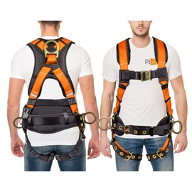Palmer Safety Full Body 5 point Harness, Padded Back Support, Quick-Connect Buckle, Grommet Legs, Back&Side D-Rings, OSHA ANSI Industrial Roofing Personal Equipment (High Vis Orange - MD)