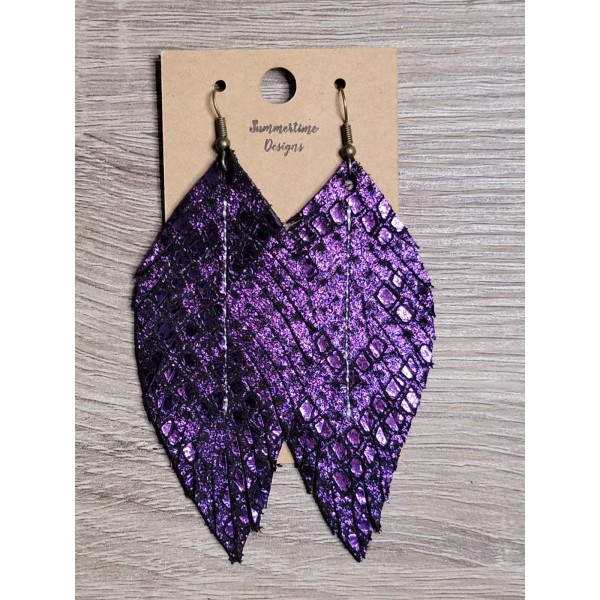 Handmade GENUINE Leather Feather Earrings Purple Metallic Python 3"