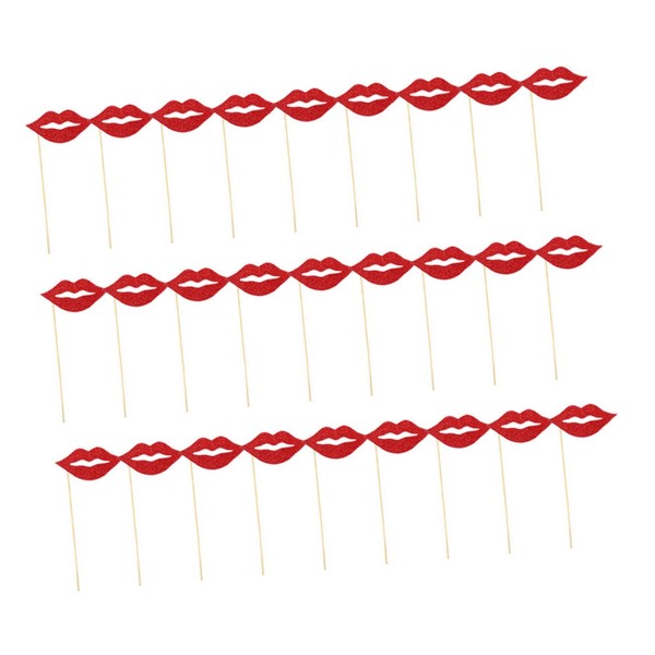 Ipetboom 60 Pcs Red Lips Photo Booth Props with Wood