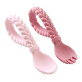Itzy Ritzy Silicone Spoon & Fork Set; Baby Utensils Featuring a Baby Fork and Spoon with Looped, Braided Handles - Made of 100% Food Grade Silicone & BPA-Free - Ages 6 Months and Up (Pink)