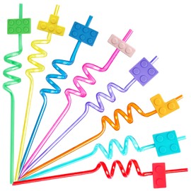 Pack of 24 Building Blocks Party Favours Straws, 8 Colours Reusable Straws for Children Adults Birthday Party Decoration Supplies with 2 Straws Cleaning Brush